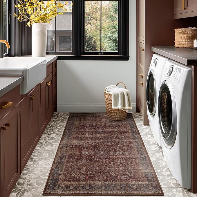Vintage Red 3x5 Entryway Rug Indoor Foyer, Earth Tone Farmhouse Throw Rug for Kitchen Bathroom, Machine Washable Non Slip Thin Area Rug for Nursery/Bedroom Bedside/Home Office/Dorm, Brick Red