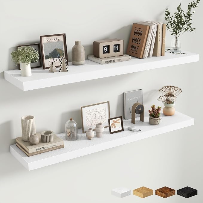 Fun Memories 48 Inch Floating Shelves for Wall - 10 Inch Deep Fireplace Mantel Shelf - Wood Floating Shelf for Wall - Large Storage Shelves Wall-Mount for Living Room & Bedroom - White - Set of 2