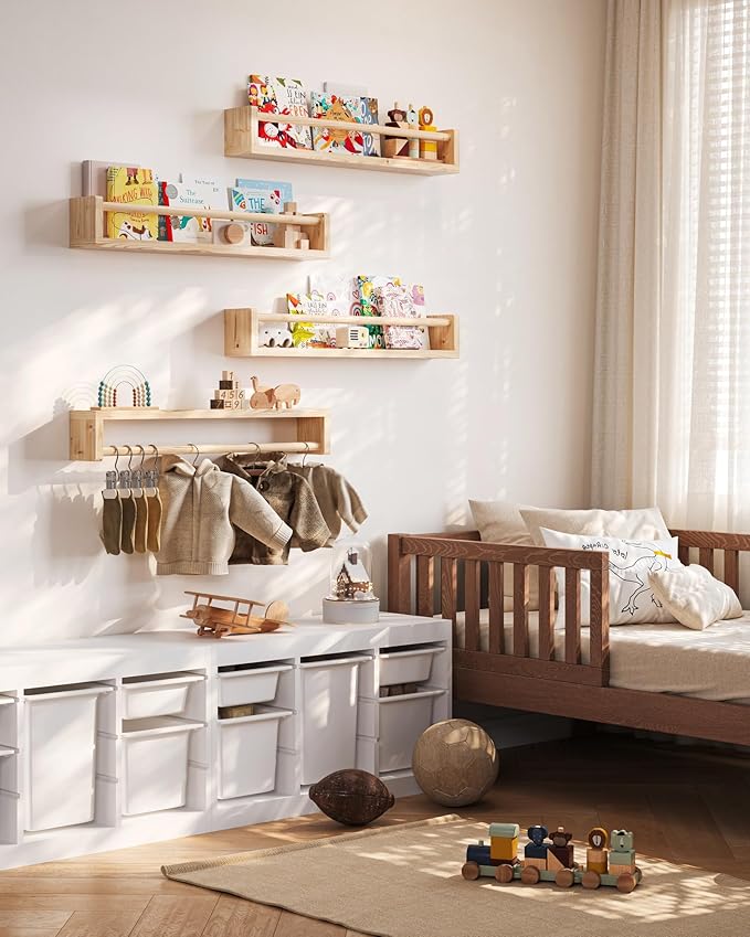 Seocry Nursery Book Shelves, 4 Pack, Wall Book Shelves for Kids Room, Baby, Toddler, Nursery Decor (Wood, 23 Inches)