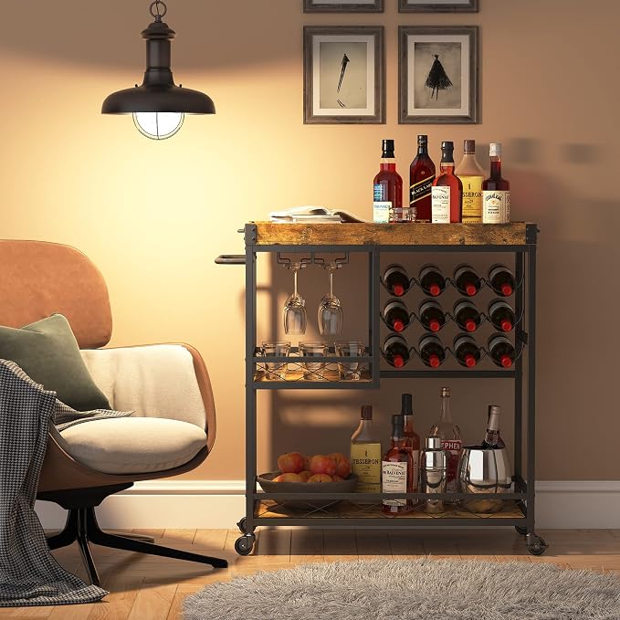 Lifewit Bar Cart, Home Bar Serving Cart, 3 Tier Drink Cart with 12 Wine Bottle Racks, Liquor Beverage Cart for Kitchen Dining Livingroom, 30 x 15.7 x 36.6 inch, Removable Top Tray, Rustic Brown