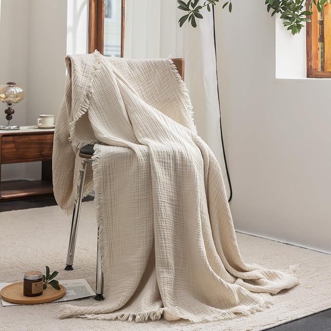 FOSSA Muslin Blanket 4-Layer 100% Cotton Gauze Blanket with Fringe 50"x70" | Super Soft Breathable Lightweight All Season & Decorative Blanket or Bed, Sofa, Office (Beige,Throw XL)