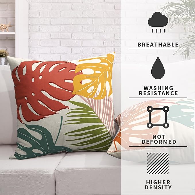 Set of 2 Summer Tropical Leaves Throw Pillow Covers Palm Banana Leaf Pillow Covers 18x18 Abstract Sun and Monstera Leaf Cushion Case for Sofa Patio Indoor Outdoor Decor