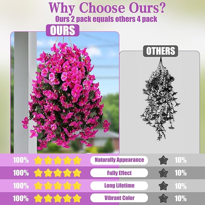 Sggvecsy Artificial Fake Hanging Flowers Plants for Outdoor Outside Spring Summer Decoration 4PCS Faux Silk UV Resistant Realistic Morning Glory Trailing Vines for Home Porch Patio Balcony(Purple red)