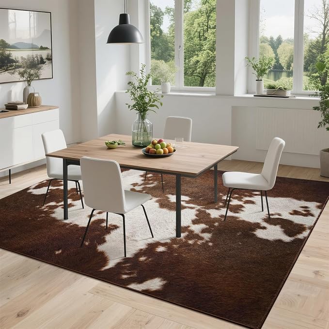 DweIke Cow Print Rugs for Living Room, 6x9 Large Soft Faux Animal Cowhide Area Rug, Washable Non-Slip Stain Resistant Throw Carpet for Dining Room Office Western Home Decor, Red Brown