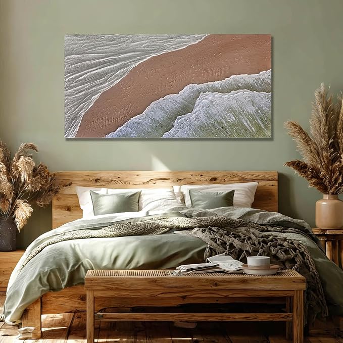 White Ocean Wave Wall Art Decor Neutral Art Beach Canvas Painting Green Pictures Wall Decor Framed Artwork for Living Room Home Office 24"x 48"