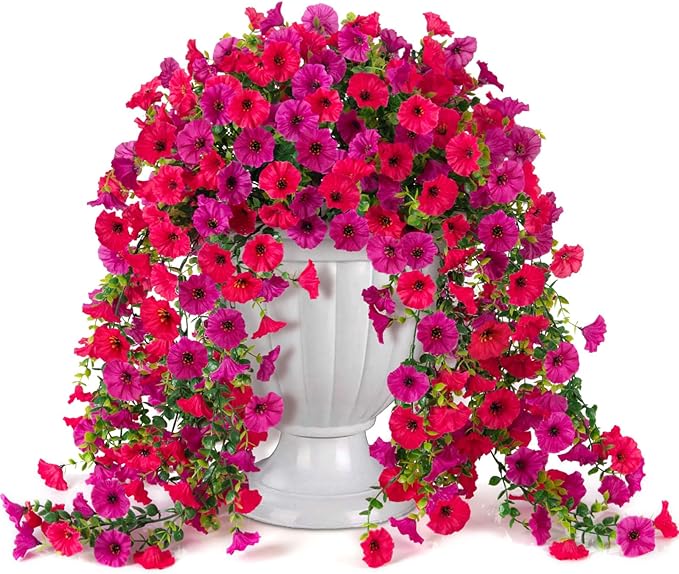 Fake Artificial Hanging Morning Glory Flowers for Outdoor Planters Porch Pation Decoration,2 Bundles UV Resistant Silk Faux Flowers with Realistic Eucalyptus Plants for Home Office Garden Decor