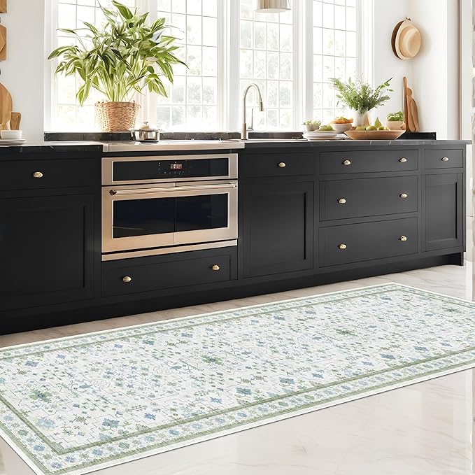 Hazo Haus Oushak 3x12 Wide Hallway Runner Rug - Vintage Turkish Floral, Washable Low Pile Non Slip 12ft Long Runners for Large Kitchen, Hall Way - Light Blue and Green