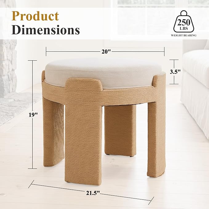 Round Ottoman Set of 2, Boho Hand-Woven Rope Upholstered Ktichen Vanity Chairs Accent Stool Fully Assembled for Bedroom Living Room, Beige Linen