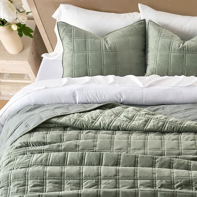 EverGrace 3 Pieces Luxurious Velvet Quilt Queen Size, Ultra Soft Bedspread Coverlet Set, Double Box Stitch Lightweight Velvet Comforter for All Season with 2 Shams, Sage Green, 92"x96"