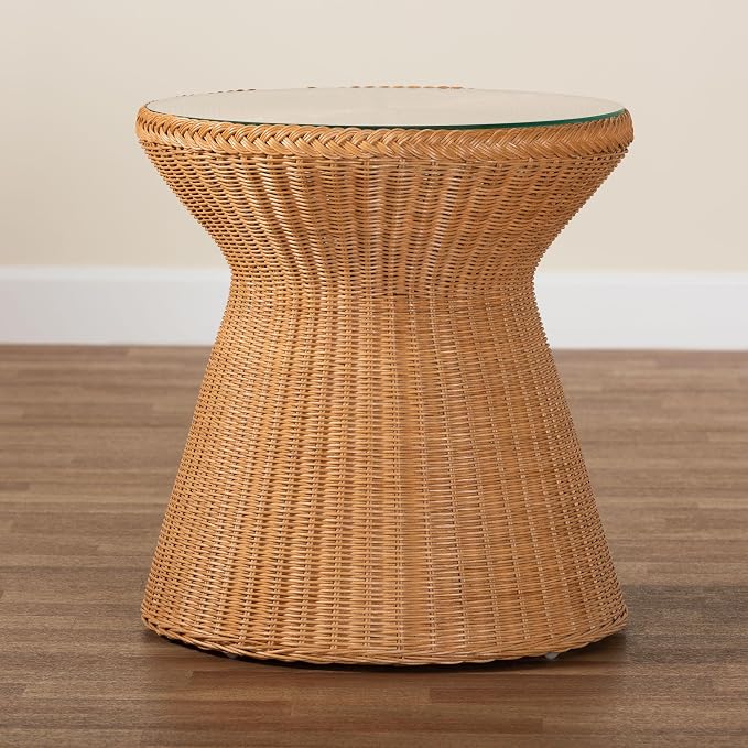 Bali & pari Nina Handwoven Rattan Hourglass Side Table with Glass Top – Boho Wicker Accent Table, Natural Fiber Round End Table for Living Room or Patio