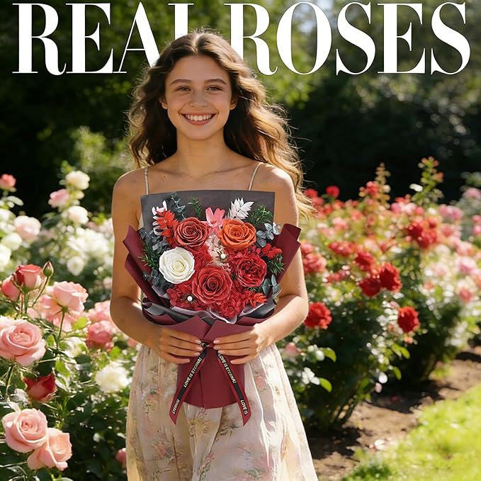 5 Pcs Glitter Red Preserved Roses Flowers Bouquet, Forever Rose Flowers for Delivery, Birthday Gifts for Women, Long-Lasting Red Roses with Vase Gift Box, Forever Flowers for Wife Mothers Day