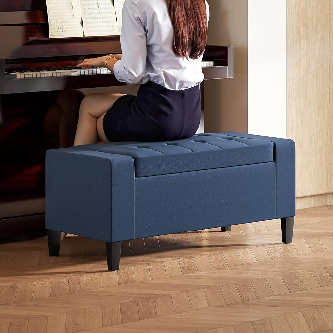 HOMCOM 36" Ottoman with Storage, Storage Ottoman Bench with Lift Top and Rubberwood Legs, Linen Upholstered Entryway Seat with for Living Room, Bedroom, Holds up to 330 lb, Dark Blue