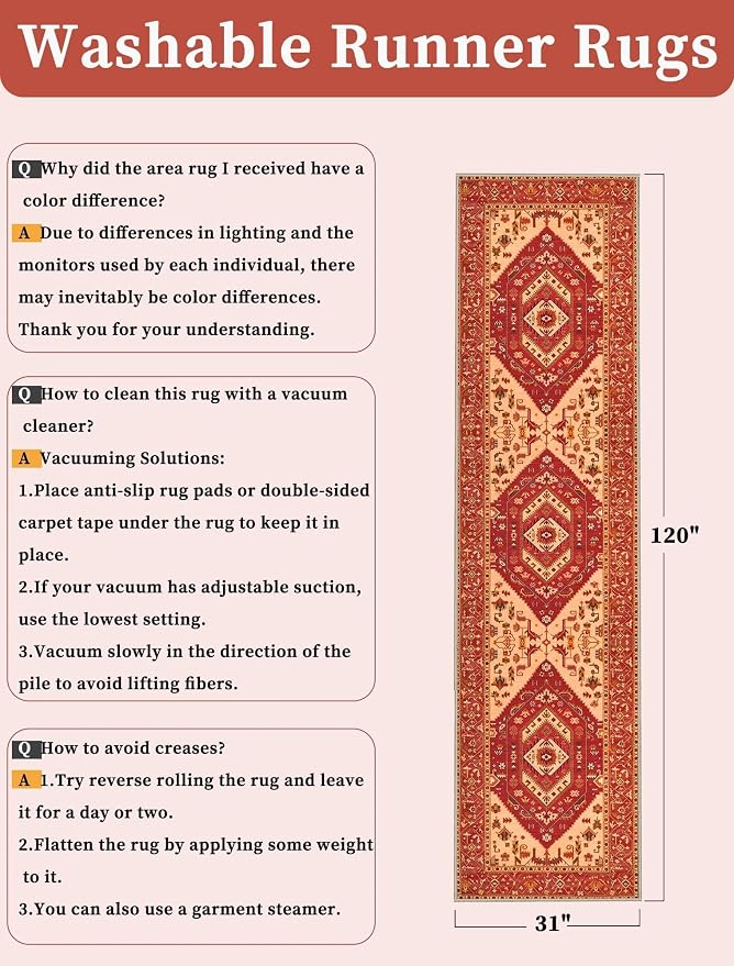 SERISSA Runner Rug for Hallways, 2'6"x10' Washable Non Slip Kitchen Runner Rug, Long Boho Rug Vintage Red Hallway Stair Ultra Soft Print Floor Carpet for Bedroom Bathroom Laundry Room