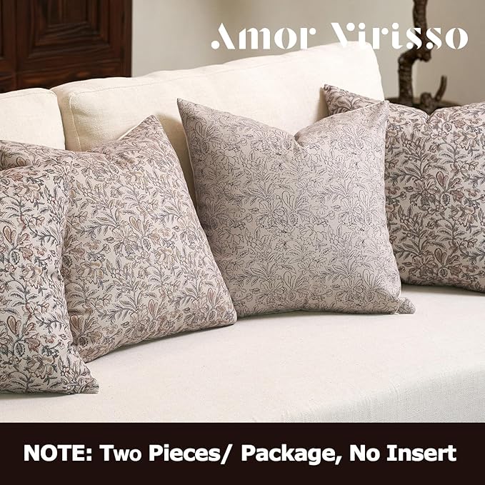 Amor Virisso Floral Throw Pillow Covers 18x18 Set of 2 Vintage Block Print Pillow Covers Decorative Pillow Covers Couch Pillows for Living Room Farmhouse Accent Sofa Pillows, Red/Sand