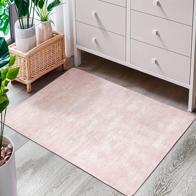 2x3 Washable Mat,Small EntryWay Rugs,Stainproof Non-Slip for Indoor Entranc | Low pile,Stain-resistant & Non-slip backing, Solid Vintage Style for indoor,entryway,kitchen,bathroom(2x3,Pink)