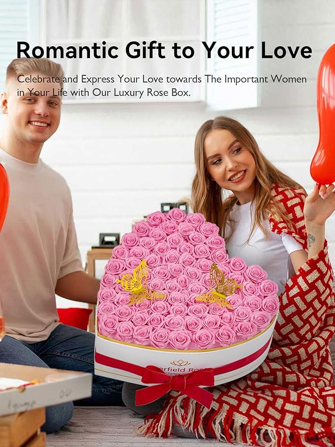 Eterfield 77 Forever Flowers in Heart Shape Box, Preserved Roses That Last a Year Preserved Flowers Birthday Gifts for Her Mom Women Wife Anniversary Valentines Day Mothers Day Christmas, Pink