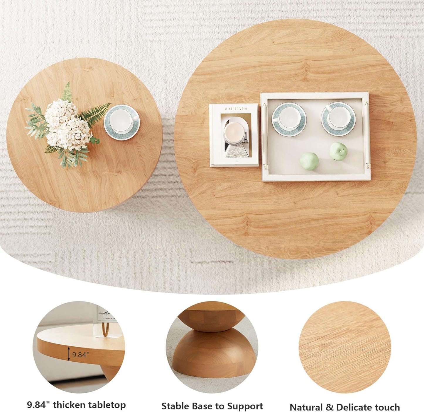 Solid Wood Round Nesting Coffee Table Set of 2, Circle Accent Tables with Unique Semi-Circular Legs, Mid Century Modern Side End Table Set for Small Space Living Room Office (Natural Oak)