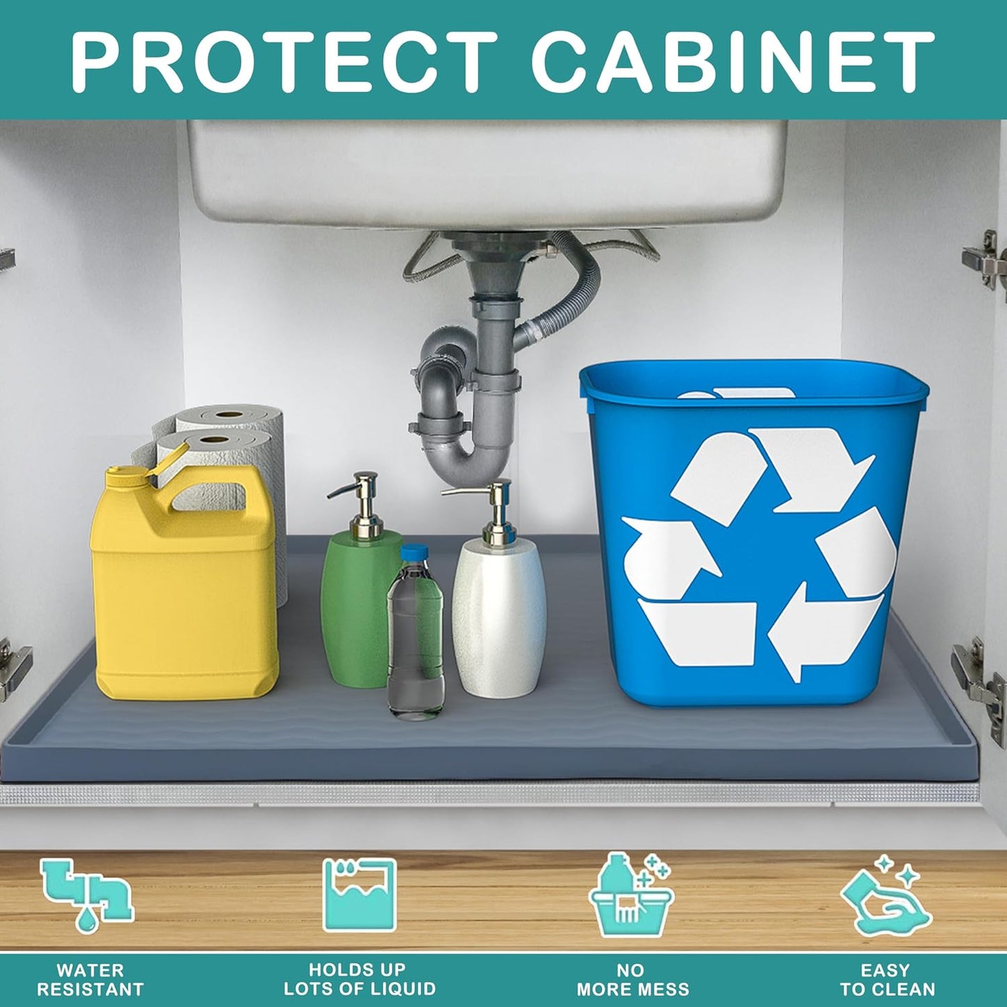 URMONA Waterproof Silicone Under Sink Mat 25'' x 22'' Shelf Liner for Kitchen and Bathroom, Cabinet and Counter Protector, Storage and Organizers, Litter Mat, Pet Cat Puppy Essentials(Beige)