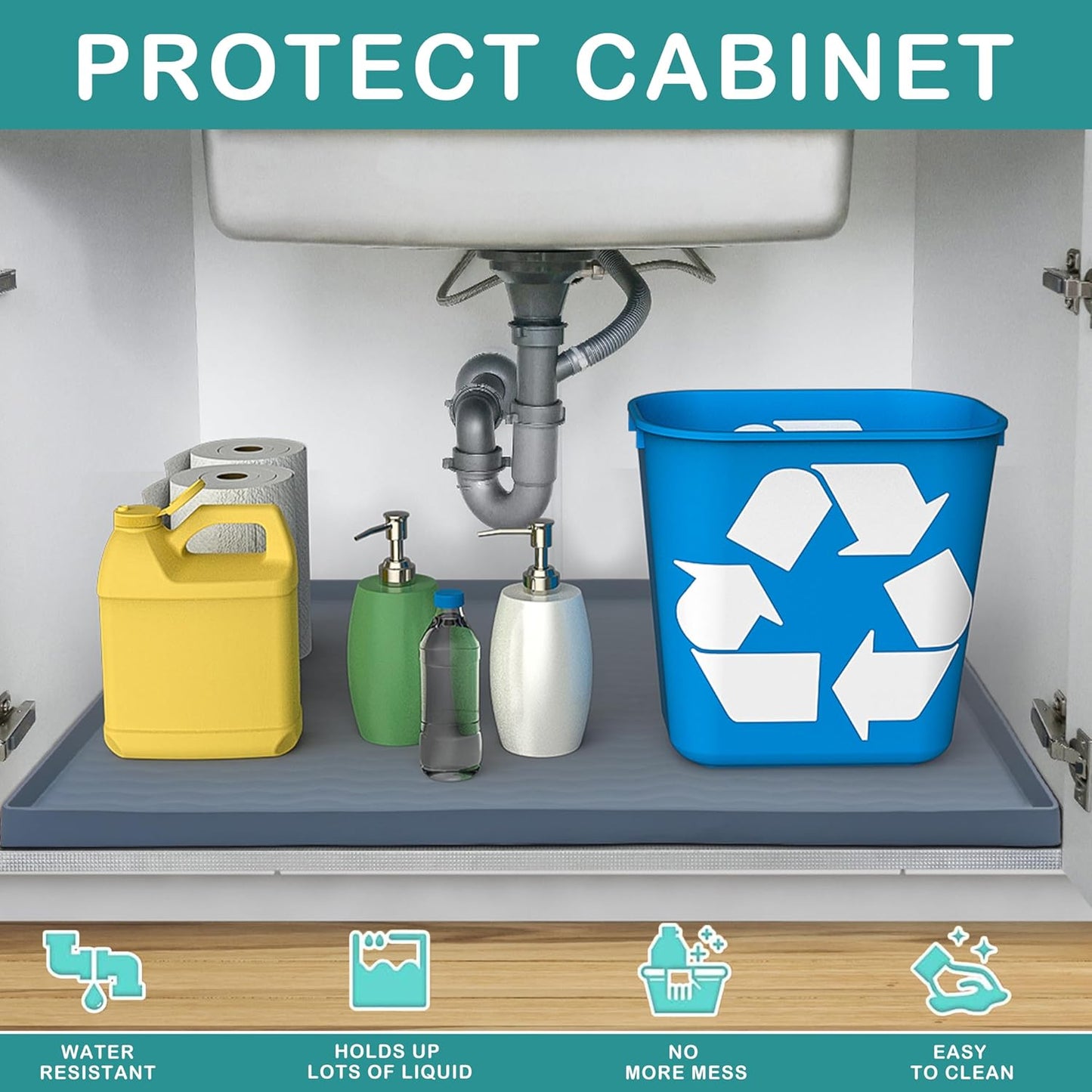 URMONA Waterproof Silicone Under Sink Mat 34'' x 22'' Shelf Liner for Kitchen and Bathroom, Cabinet and Counter Protector, Storage and Organizers, Litter Mat, Pet Cat Puppy Essentials(Gray)