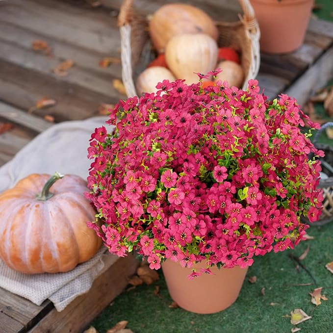 MERIXMAS 24 Bundles Artificial Flowers for Outdoors Decorations, Fake Flowers Artificial Plants Outdoor, Colorful Daisy Eucalyptus Realistic UV Resistant for Garden Patio Porch Home Decor, Rose Red