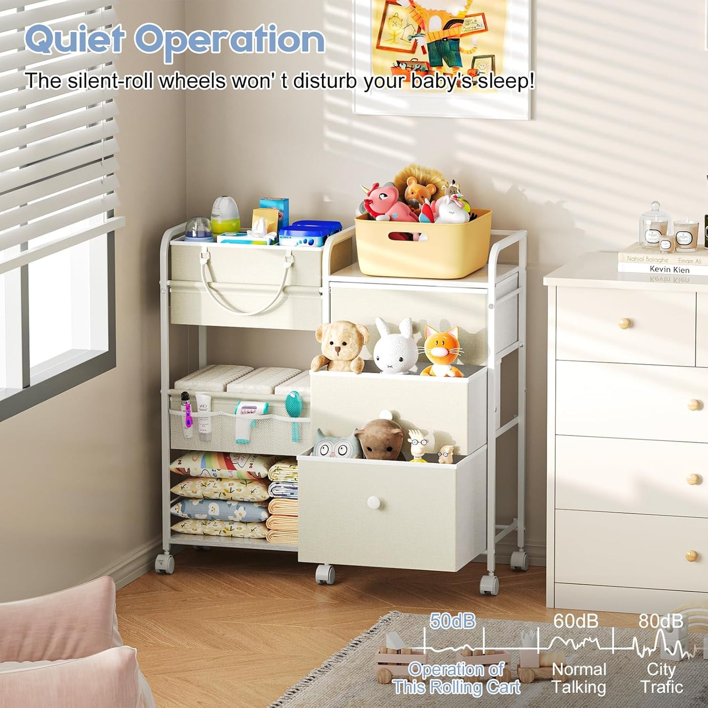 2In1 Baby Diaper Caddy Organizers and Storage, 3 Tier Rolling Cart with Dividers and Drawers, Mobile Utility Cart Baby Dresser Clothes Organizer for Changing Table, Crib Nursery, Bedroom