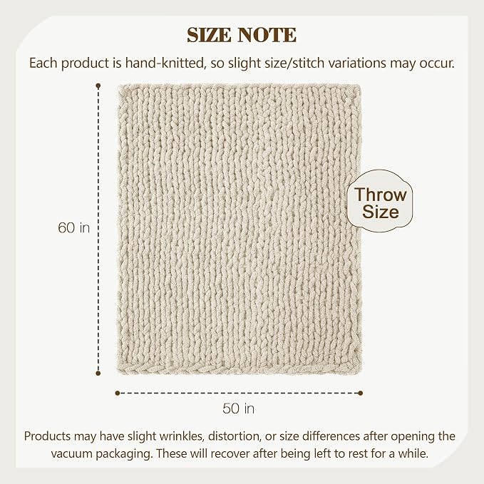 Carriediosa Chunky Knit Throw Blanket 50" X 60", 100% Hand Made Large Chenille Loop Yarn Soft Fluffy Throws for Couch Sofa Bed, Big Crochet Cozy Heavy Thick Cable Woven Blanket, Light Beige