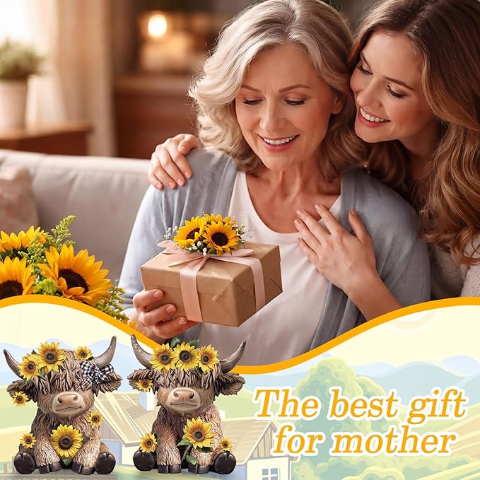 Wesiti 2 Pcs Mother's Day Sunflower Highland Cow Figurines Gifts for Mom, Cute Spring Highland Cow Statue Farmhouse Desk Decorations Resin Gnomes Scottish for Home Garden Kitchen Office Decor