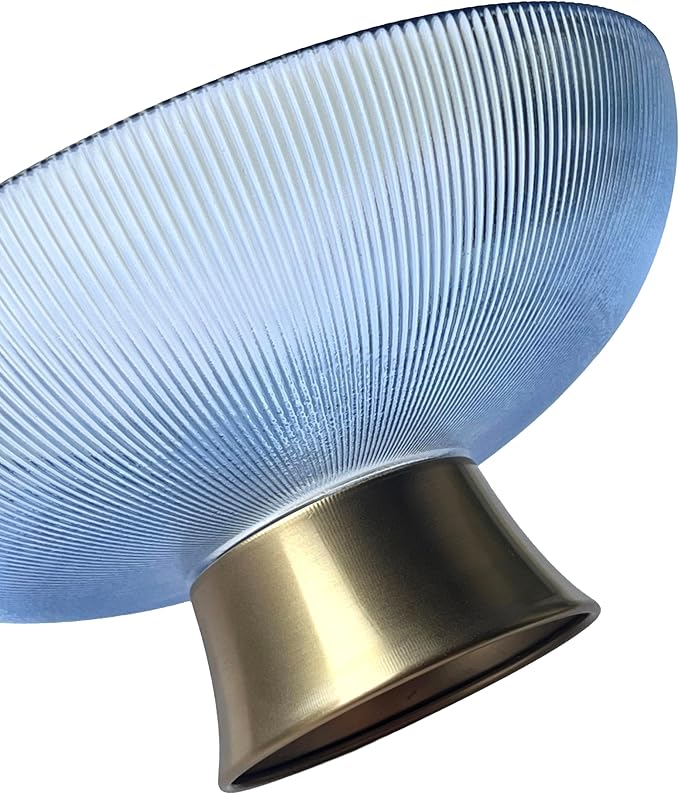 Round Glass Decorative Bowl (Blue), 9.8 Inches Handblown Striped Design Glass Bowl with Rust Resistant Metal Base,Decor Fruit Bowl for Home Decor,Table Centerpiece,Kitchen Island and Dining Decor