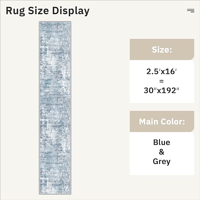 Soalmost Runner Rug 2'6" x 16' Washable Non-Slip 2.5x16 ft Long Runner Rugs for Kitchen Bathroom Laundry Room Vintage Ultra Thin Runners for Hallway Entryway Blue/Grey