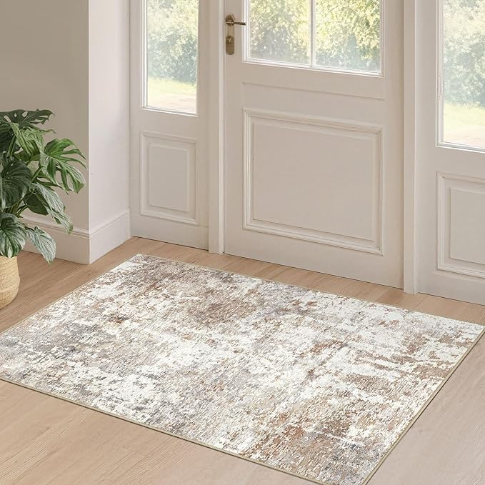 2x4 Rug Washable Runner Rug: Small Abstract Modern Non-Slip Soft Accent Doormat Stain Resistant Floor Throw Mat for Entryway Kitchen Bedroom Nursery Entry Dorm- Brown