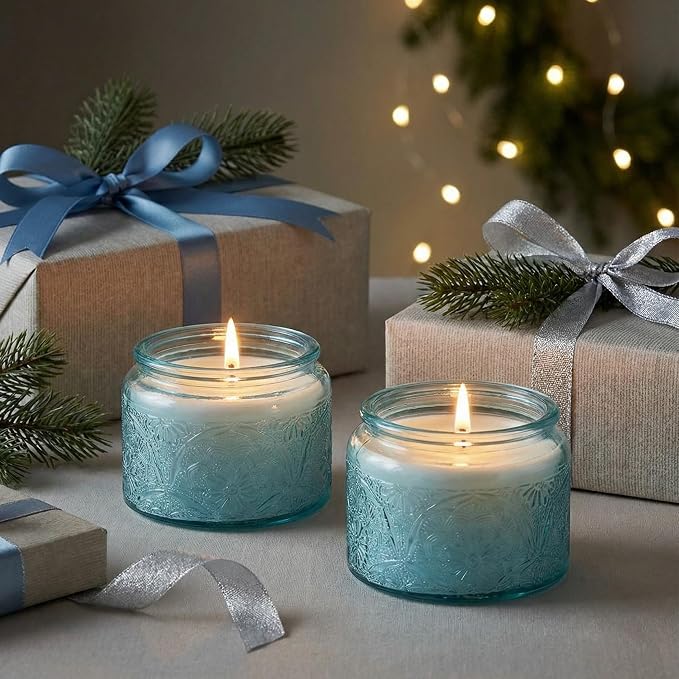 4 oz Blue Mandala Glass Candle Jars with Bamboo Lids, 18 Pack | Patented Embossed Design, Includes Wick Centering Devices & Warning Labels, Multiple Color Options