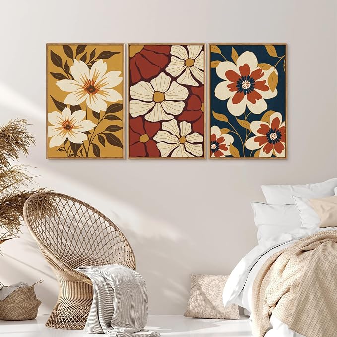 Rantodecor Large Vintage Floral Framed Canvas Wall Art Set, Mid Century Modern Wall Decor, Minimalist Retro Flowers Art Paintings, Beige Neutral Botanical for Bedroom Living Room Office 24"x36"x3