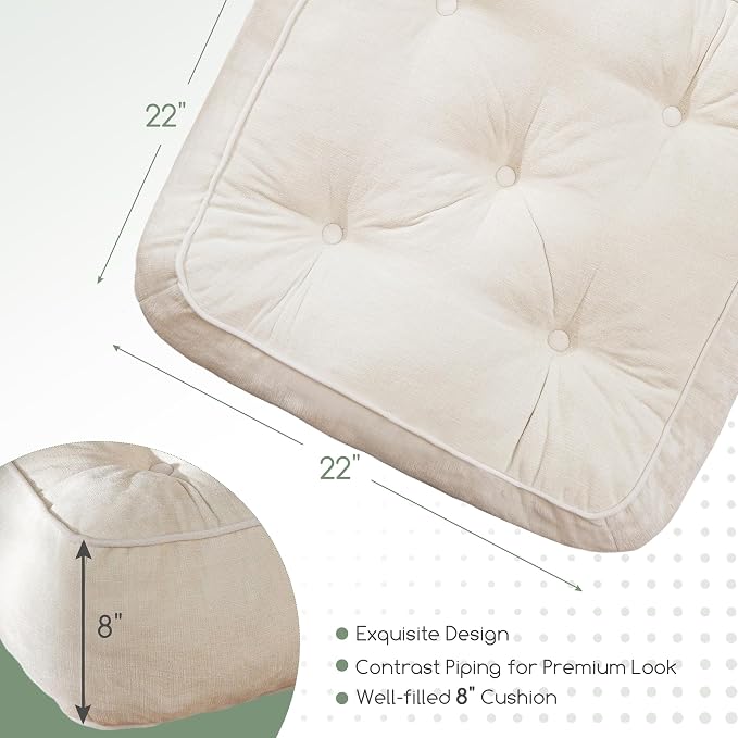 HIGOGOGO 8" Extra Thick Floor Pillow Cushion for Adults, Meditation Cushion Pillow with Handle, Lustrous Chenille Tufted, Square Floor Sitting for Tatami Living Room or Yoga, 22x22 Inch, 2Pack, Beige