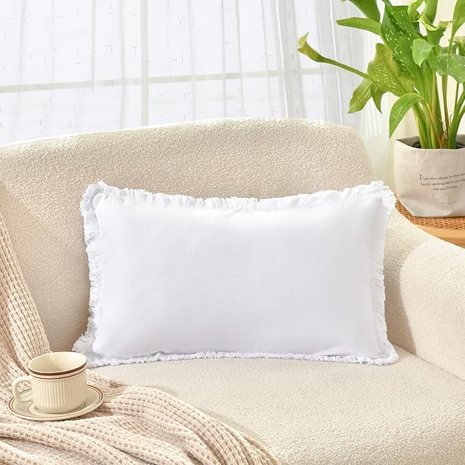 ZWJD Pillow Covers 12x20 Set of 2 White Throw Pillow Covers with Fringe Chic Cotton Decorative Pillows Square Cushion Covers for Sofa Couch Bed Living Room Farmhouse Boho Decor