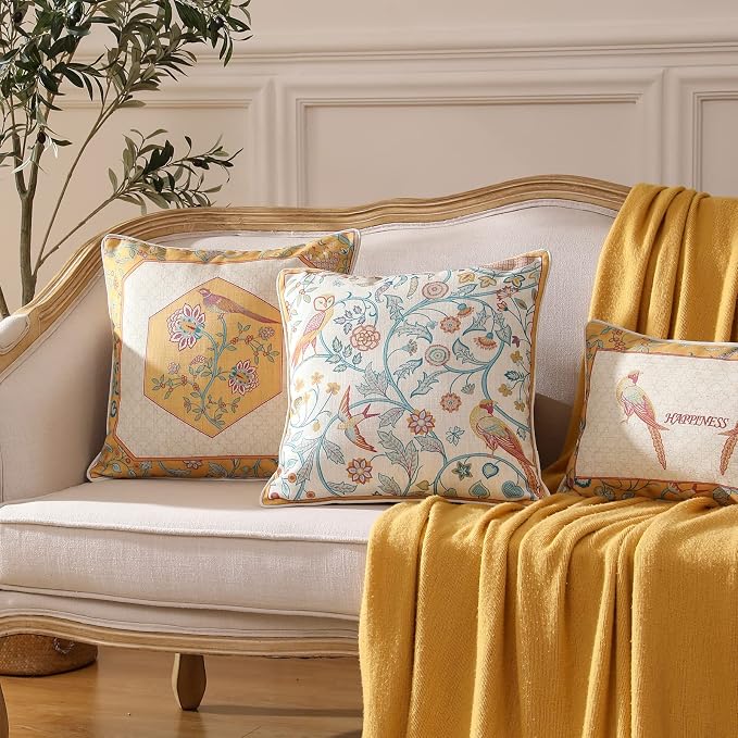 patdrea French Vintage Linen Throw Pillow Cover,12"x20"-Magnolia C | Elegant Decorative Pillow Case with Zipper,Yellow Floral Pattern,Cushion Coverfor Couch Living Room Bedroom Sofa