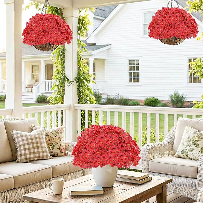 Powbrace 60 Pack Artificial Flowers for Outdoor Indoor Fake Plants, Faux Silk Flowers for Outdoors Outside Front Porch Hanging Planter Window Box Garden Spring Decoration(Red)
