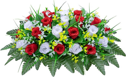 LVXINLI Artificial Cemetery Flowers Saddle-Shaped Tombstone Decorations Non-Fading UV-Resistant （Red and White Saddle