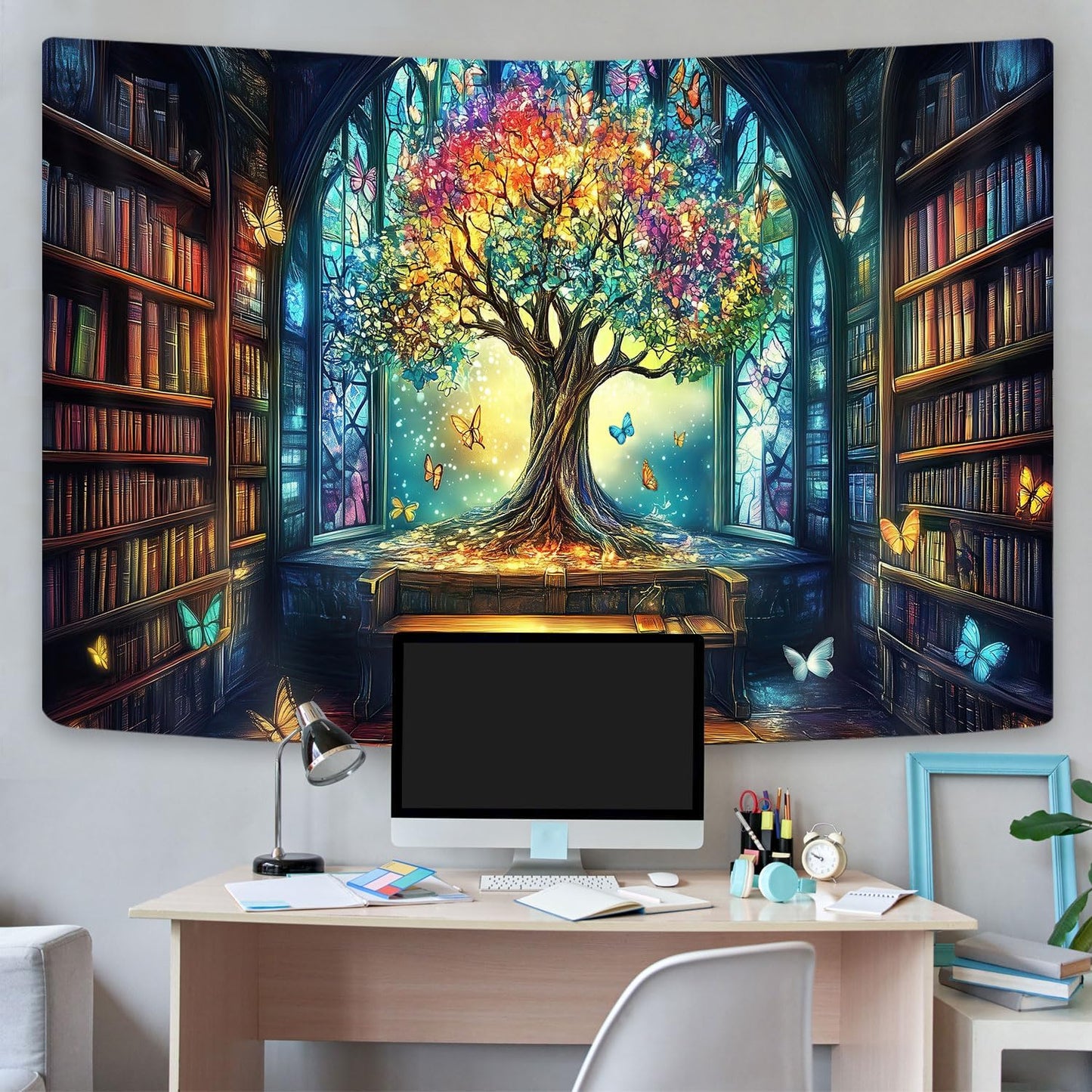 Mysterious Library Tapestry, Fantasy Enchanted Tree Magic Bookshelf Aesthetic Tapestries for Classroom, Witchy Fairy Tree Vintage Bookshelf Book Art Tapestry Wall Hanging College Room Bedroom, 80X60