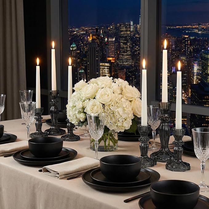 24 Pack Glass Candlestick Holders Set 4.3/6.1'' Taper Stripe Candle Holder Bulk Floral Shape Crystal Decorative Candle Stand Centerpiece for Table Wedding Dining (Black)