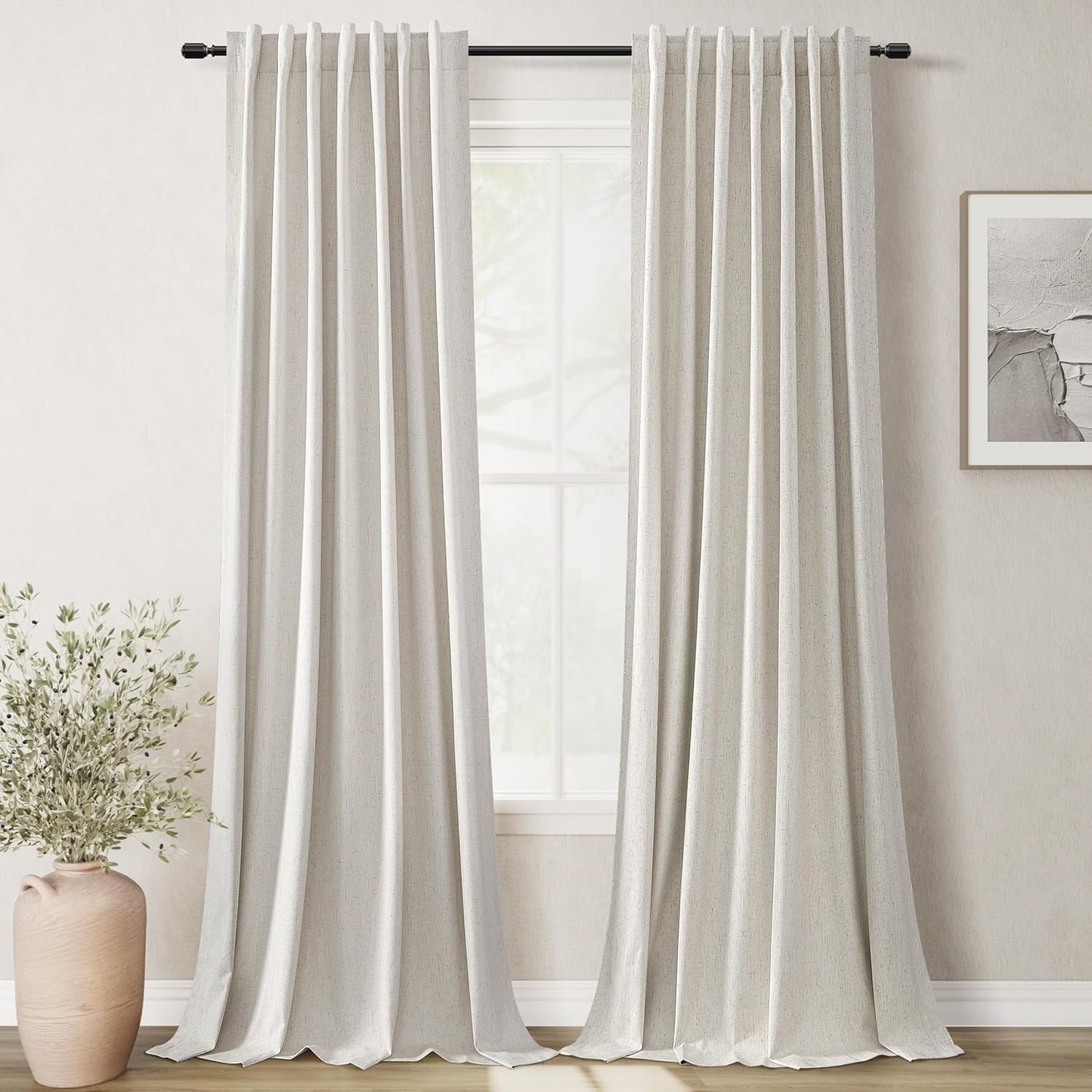 BOODII Room Darkening Curtains 120 Inch Back Tab Thermal Insulated Black Out Linen Drapes Extra Long Blackout Curtains for Patio Door Large Window Ceiling to Floor Light Blocking Natural Cream 52x120