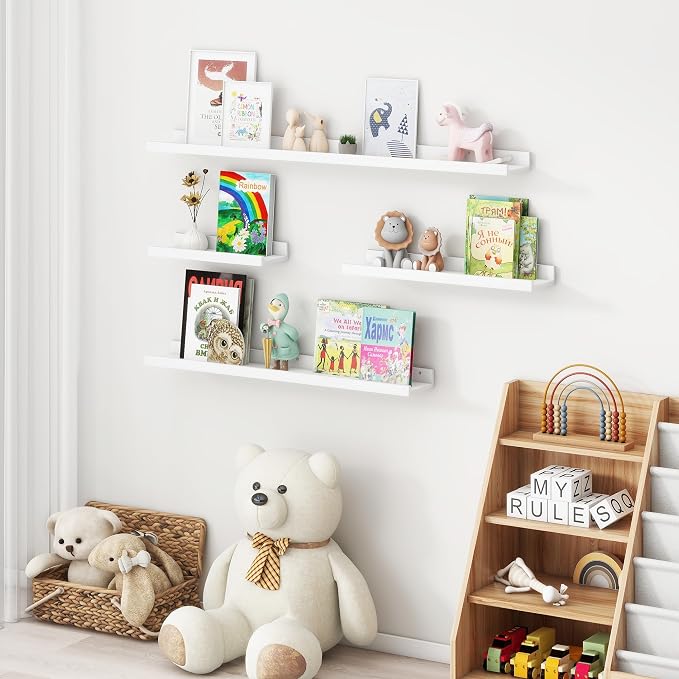 Picture Ledge Shelf for Wall, 48 inches Solid Pine Wood Nursery Book Shelves 3 Pack, Floating Ledge Shelves for Kids' Room, Bedroom, Bathroom Long Floating Shelves for Wall, White