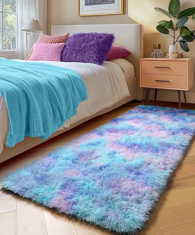 PAGISOFE Adorable Rainbow Runner Rugs for Girls Bedroom Hallway Plush Fluffy Purple Rug 2x6 Ft, Soft Carpet for Kids Room, Non-Slip Indoor Mermaid Rugs for Nursery Kids Girls Room Home Decor Sturdy