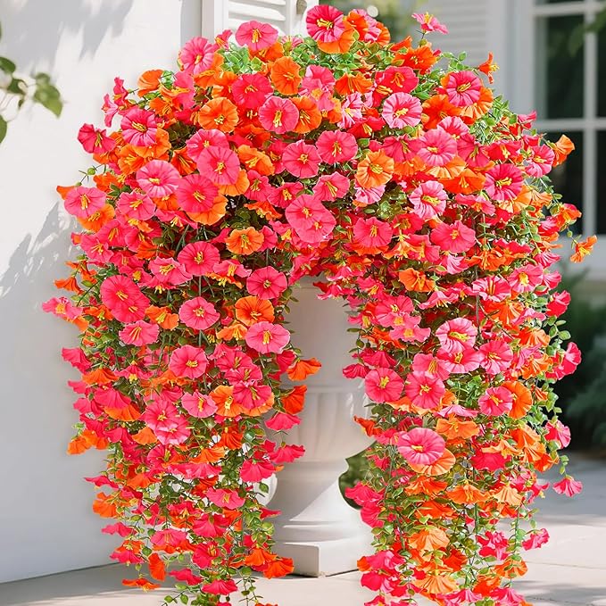 Serwalin Artificial Hanging Flowers for Outdoors Faux Plants, 4PCS Faux Morning Glory Fake Outdoor Flowers UV Resistant Realistic Silk Flower for Outside Planter Front Door Porch Patio Yard Decor