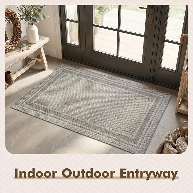 MontVoo-3x5 Outdoor Rug Porch Entryway Rug-Polypropylene Indoor Outdoor Rugs for Entryway Kitchen Balcony Patio, Textured Weave, Durable, Fade-Resistant, Non-Shedding, Modern Neutral Grey
