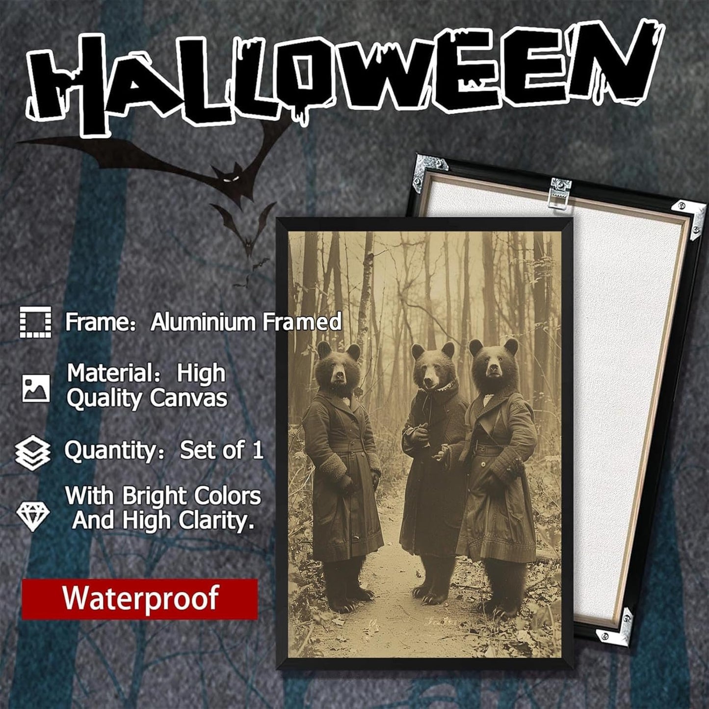 Vintage Horror Halloween Wall Decor Spooky The Three Bears In Occult Forest Spooky Canvas Wall Art Poster Gothic Dark Academia Decorations Room Creepy Print 24X36inch Aluminum Framed