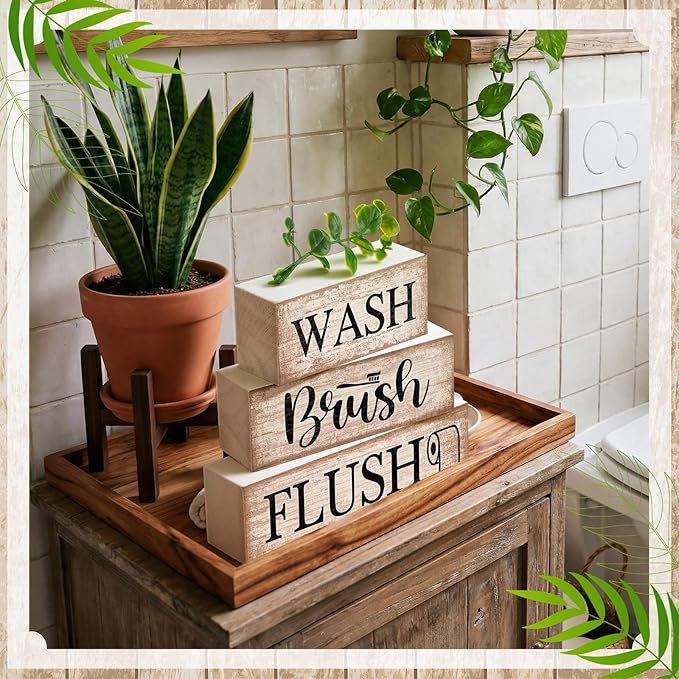 Moucuny 4 Pcs Farmhouse Table Decor Bathroom Wooden Signs Rustic Eucalyptus Leaves Wooden Block Sign Gift Wash Brush Flush Farmhouse Table Centerpiece for Living Room Housewarming Gift