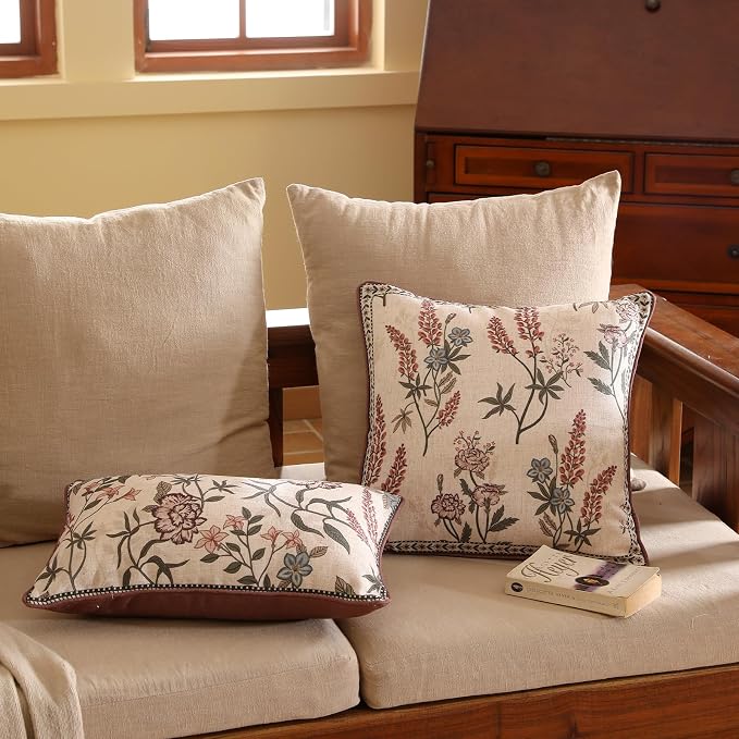 ISAENNE Designer Linen Throw Pillow Cover,Set of 2,20"x12"-Helena B | Elegant French Rectangle Pillow Cover,Concealed Zipper Design,Floral Pattern,Sofas,Bedroom,Living Room,Lounge Chairs