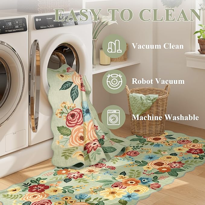 DUKINO 4x6 Area Rug, Floral Non-Slip Indoor Washable Rug with Low Pile & Non-Shedding, Lightwight Boho Design Carpet for Entryway, Bedroom, Kids Room, Living Room, Kitchen, Green