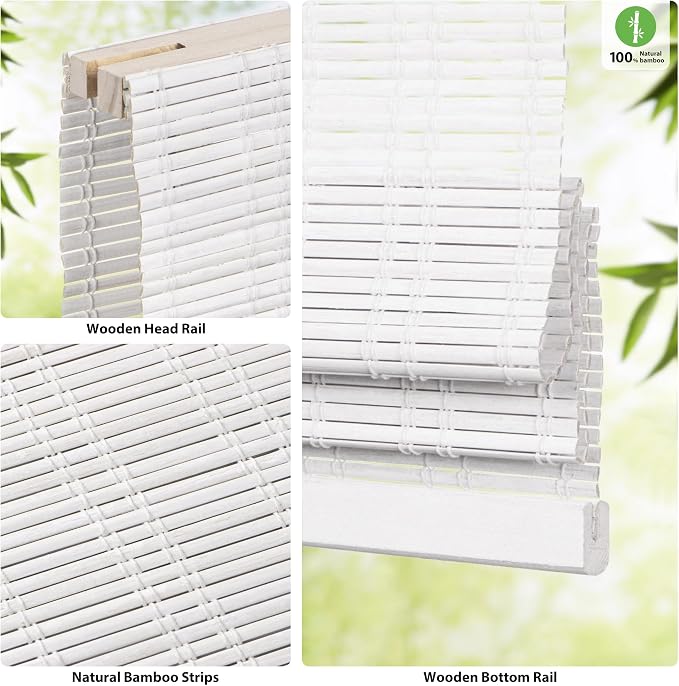 LazBlinds Cordless Bamboo Roman Shades for Windows, 29'' W x 60'' H | Natural Light Filtering Bamboo Window Blinds, Bamboo Blinds for Bedroom Living Room Office Indoor