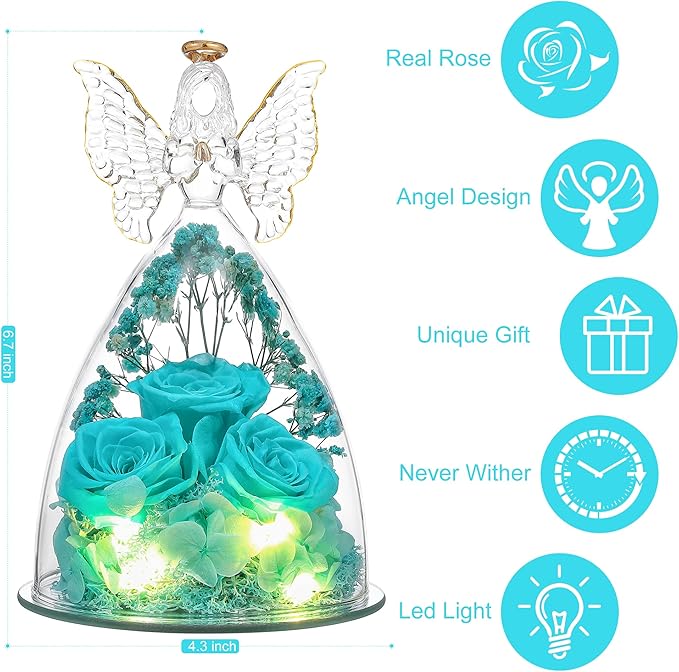 Mothers Day Rose Gifts for Women Preserved Real Flower in Glass Angel Figurines Roses for Delivery Prime Birthday Gifts for Mom Grandma Girlfriend Wife Her - Tify Blue